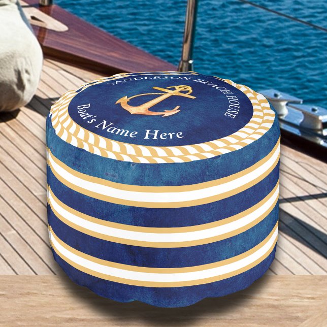 Nautical Navy Blue White Stripe Anchor Monogram Pouf (Creator Uploaded)