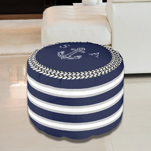 Nautical Navy Blue White Stripe Anchor Monogram Pouf
