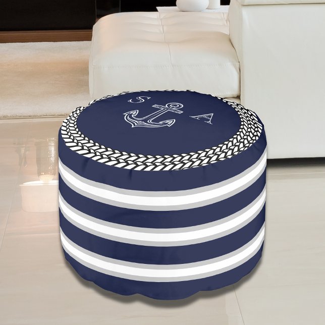 Nautical Navy Blue White Stripe Anchor Monogram  Pouf (Creator Uploaded)