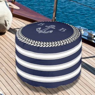 Nautical Navy Blue White Stripe Anchor Monogram Pouf