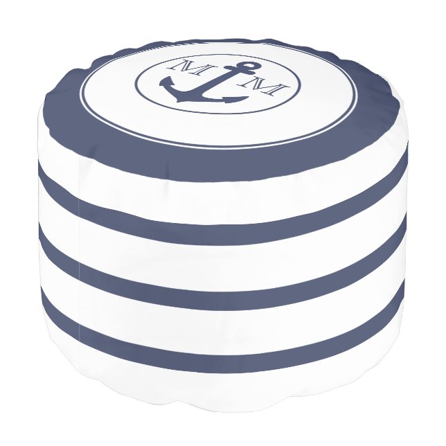 Nautical Navy Blue White Stripe Anchor Monogram Pouf (Angled Back)