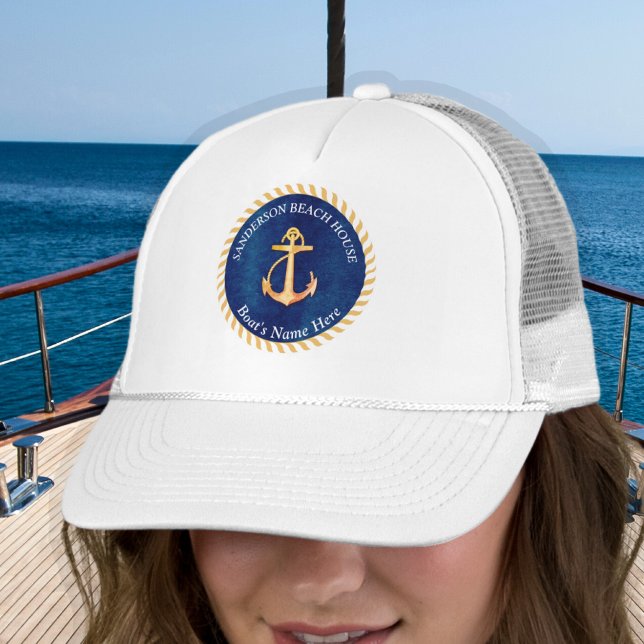 Nautical Navy Blue White Stripe Anchor Monogram Trucker Hat (Creator Uploaded)