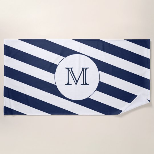 Nautical Navy Blue White Stripe Custom Monogram Beach Towel
