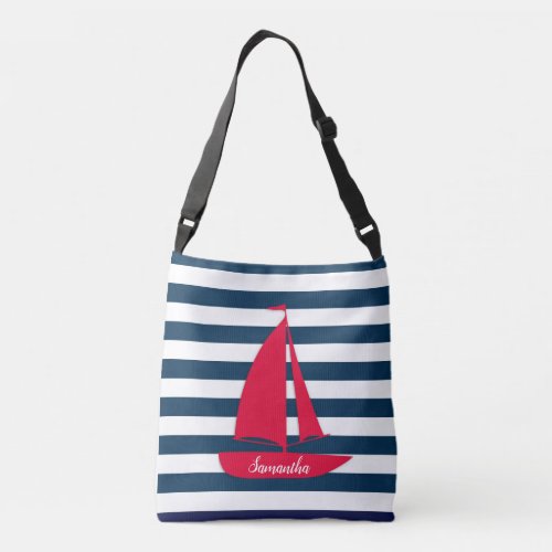 Nautical Navy Blue White Stripe Monogram Red Boat Crossbody Bag