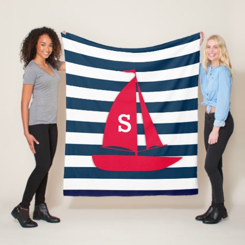 Nautical Navy Blue White Stripe Monogram Red Boat Fleece Blanket