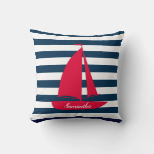 Nautical Navy Blue White Stripe Monogram Red Boat Throw Pillow