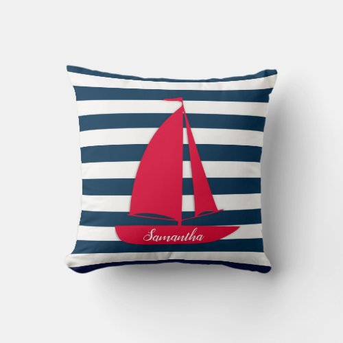 Nautical Navy Blue White Stripe Monogram Red Boat Throw Pillow