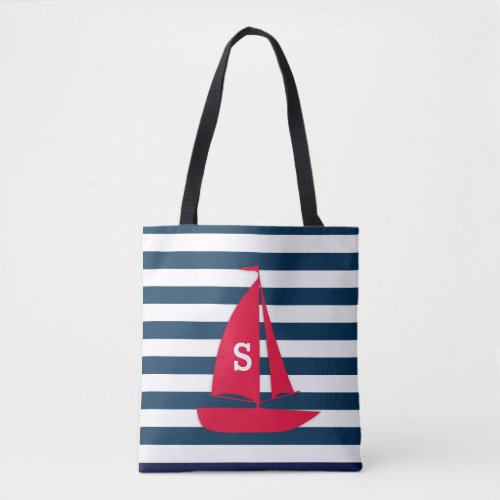 Nautical Navy Blue White Stripe Monogram Red Boat Tote Bag