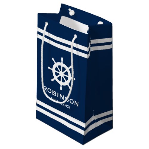 Nautical navy blue  white stripe wedding gift bag