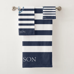 Nautical Navy Blue White Striped Anchor Bath Towel Set