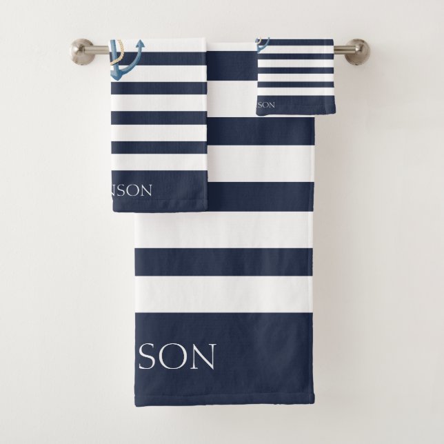 Nautical Navy Blue White Striped Anchor Bath Towel Set (Insitu)
