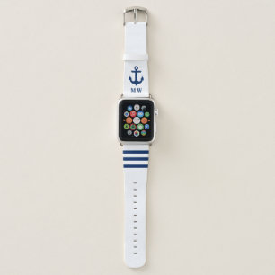 Nautical Navy Blue White Striped Anchor Monogram Apple Watch Band
