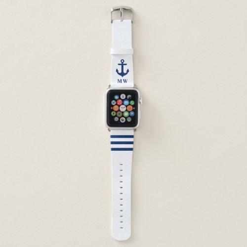 Nautical Navy Blue White Striped Anchor Monogram Apple Watch Band