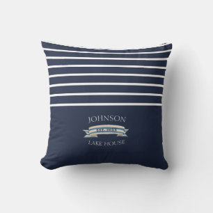 Nautical Navy Blue White Striped Anchor Throw Pillow
