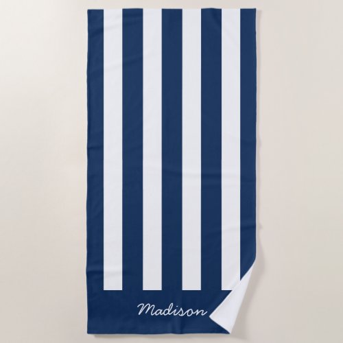 Nautical Navy Blue  White Striped Custom Name Beach Towel