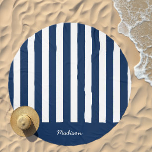 Nautical Navy Blue & White Striped Custom Name Beach Towel