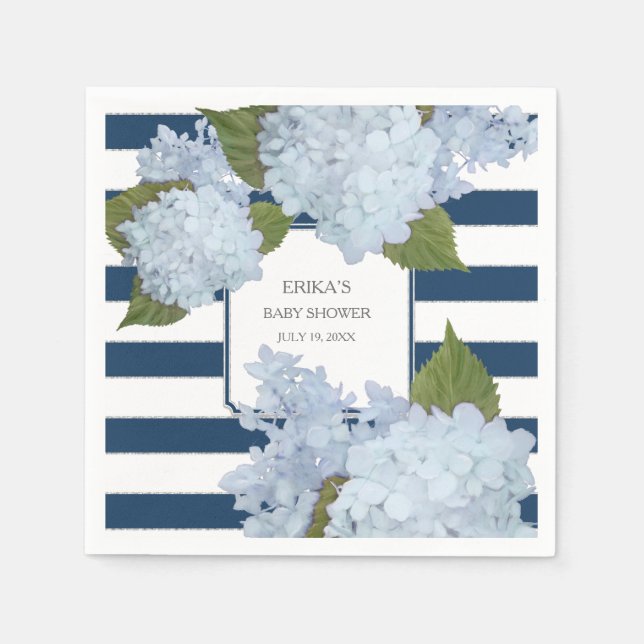 Nautical Navy Blue White Striped Hydrangea Floral Napkins (Front)