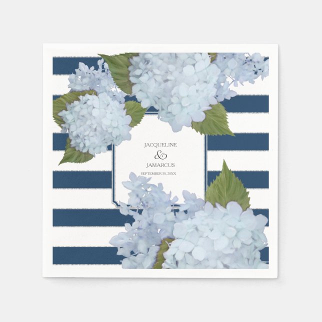 Nautical Navy Blue White Striped Hydrangea Floral Paper Napkins (Front)