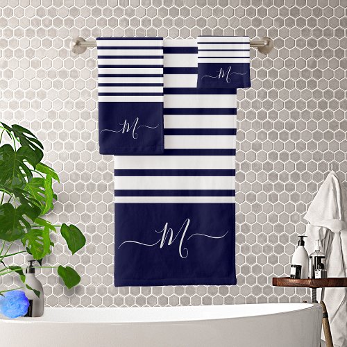 Nautical Navy Blue white Striped Monogram initial Bath Towel Set