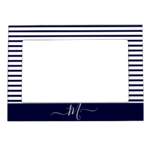 Nautical Navy Blue white Striped Monogram initial  Magnetic Frame