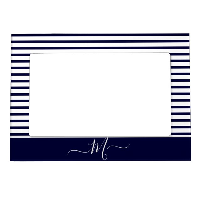 Nautical Navy Blue white Striped Monogram initial  Magnetic Frame (Front)