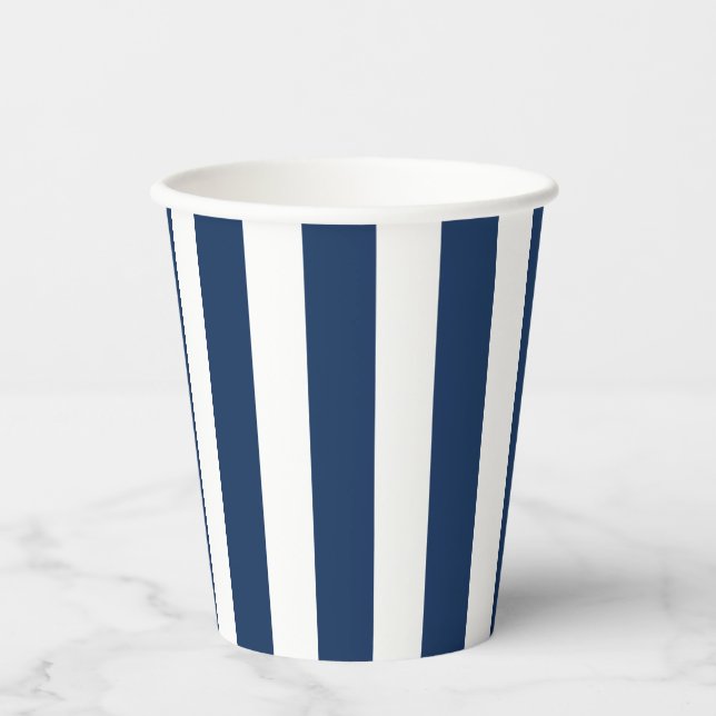 Nautical Navy Blue & White Striped   Paper Cups (Front)