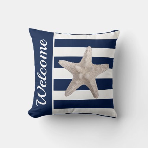 Nautical Navy Blue White Striped Starfish Welcome Throw Pillow