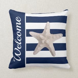 Nautical Navy Blue White Striped Starfish Welcome Throw Pillow
