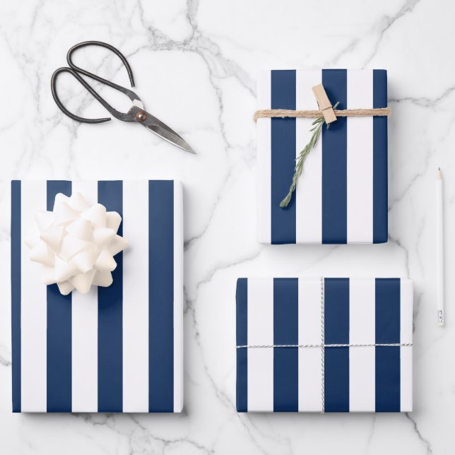 Nautical Navy Blue & White Striped  Wrapping Paper Sheets (Front)