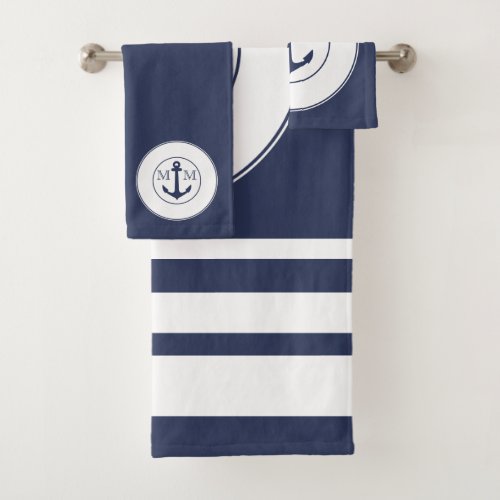 Nautical Navy Blue White Stripes Anchor Monogram Bath Towel Set