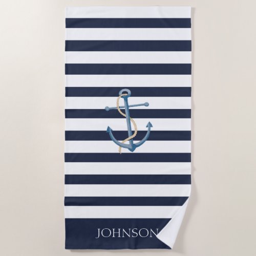 Nautical Navy Blue White Stripes Anchor Name Beach Towel