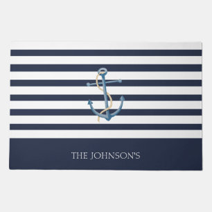Nautical Navy Blue White Stripes Anchor Name Doormat