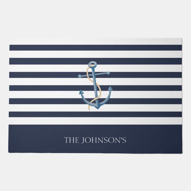 Nautical Navy Blue White Stripes Anchor Name Doormat (Front)
