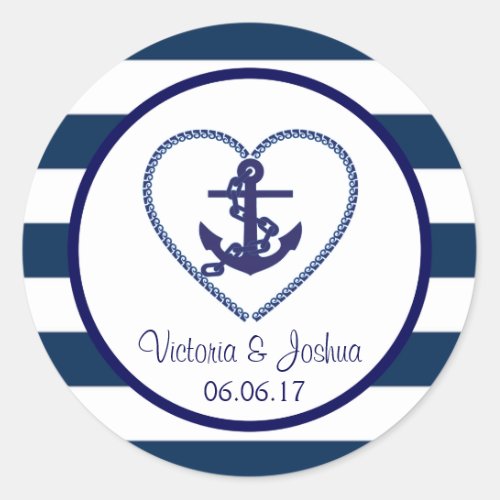 Nautical Navy Blue White Stripes Anchor Wedding Classic Round Sticker