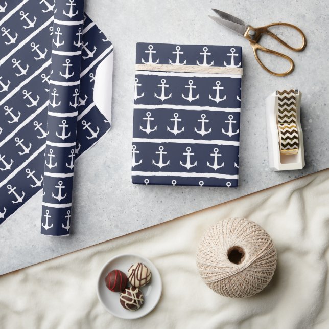 Nautical Navy Blue White Stripes Anchor Wrapping Paper (Crafts)