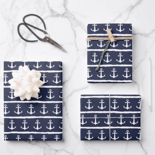 Nautical Navy Blue White Stripes Anchor Wrapping Paper Sheets