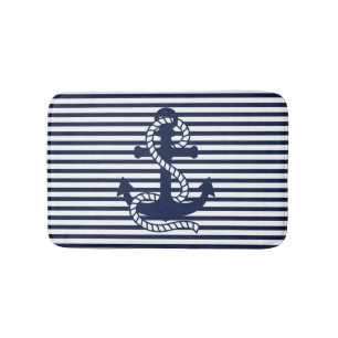 Nautical Navy Blue White Stripes and Blue Anchor Bath Mat