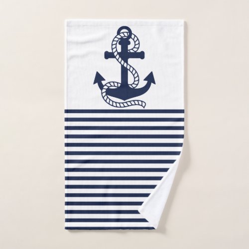 Nautical Navy blue White Stripes and Blue Anchor Bath Towel Set