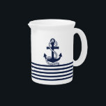 Nautical Navy Blue White Stripes and Blue Anchor Beverage Pitcher<br><div class="desc">Stylish decorative pitcher features a nautical navy blue and white stripes with a blue anchor vector illustration on a white background you can easily change the color. Matching items available in our store. www.zazzle.com/giftsforanyoccasions*</div>