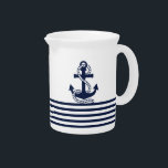Nautical Navy Blue White Stripes and Blue Anchor Beverage Pitcher<br><div class="desc">Stylish decorative pitcher features a nautical navy blue and white stripes with a blue anchor vector illustration on a white background you can easily change the color. Matching items available in our store. www.zazzle.com/giftsforanyoccasions*</div>