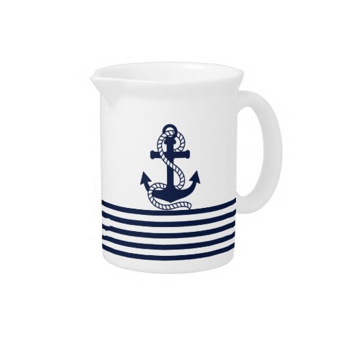 Nautical Navy Blue White Stripes and Blue Anchor Beverage Pitcher