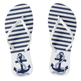 Nautical Navy Blue White Stripes and Blue Anchor Flip Flops
