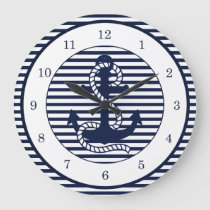 Nautical Navy Blue White Stripes and Blue Anchor Large Clock