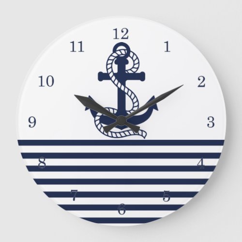 Nautical Navy Blue White Stripes and Blue Anchor Large Clock