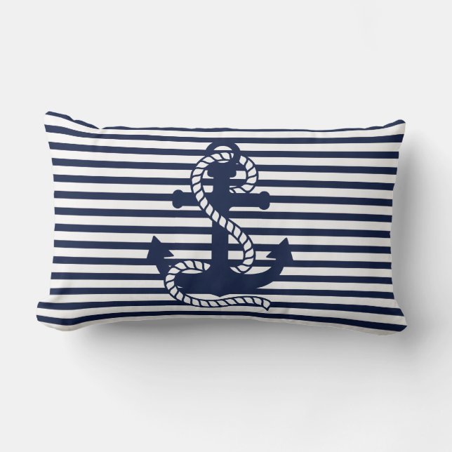 Nautical Navy blue White Stripes and Blue Anchor Lumbar Pillow (Front)