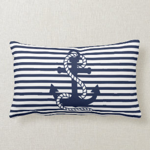 Nautical Navy blue White Stripes and Blue Anchor Lumbar Pillow