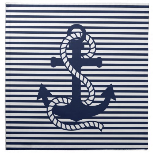 Nautical Navy Blue White Stripes and Blue Anchor Napkin