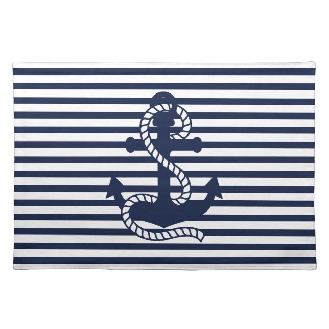 Nautical Navy Blue White Stripes and Blue Anchor Placemat (Front)