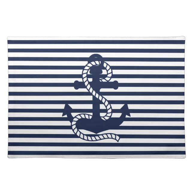 Nautical Navy Blue White Stripes and Blue Anchor Placemat Zazzle
