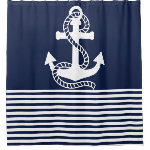 Nautical Navy Blue White Stripes and Blue Anchor Shower Curtain